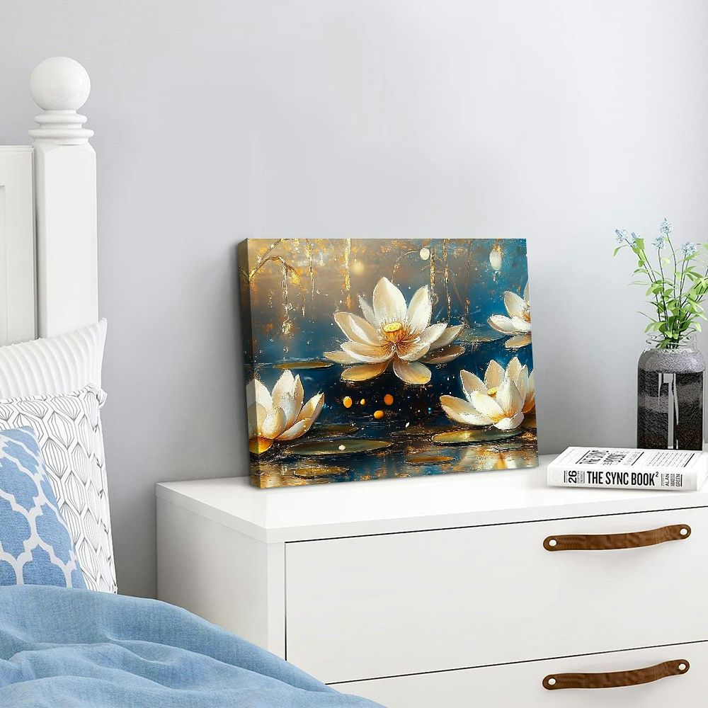 BROOKMAPLES Large Canvas Wall Art for Living Room Bedroom Home Office Blue White Lotus Flower Picture Framed Canvas Prints Artwork Ready to Hang Size 24x48 20x16in