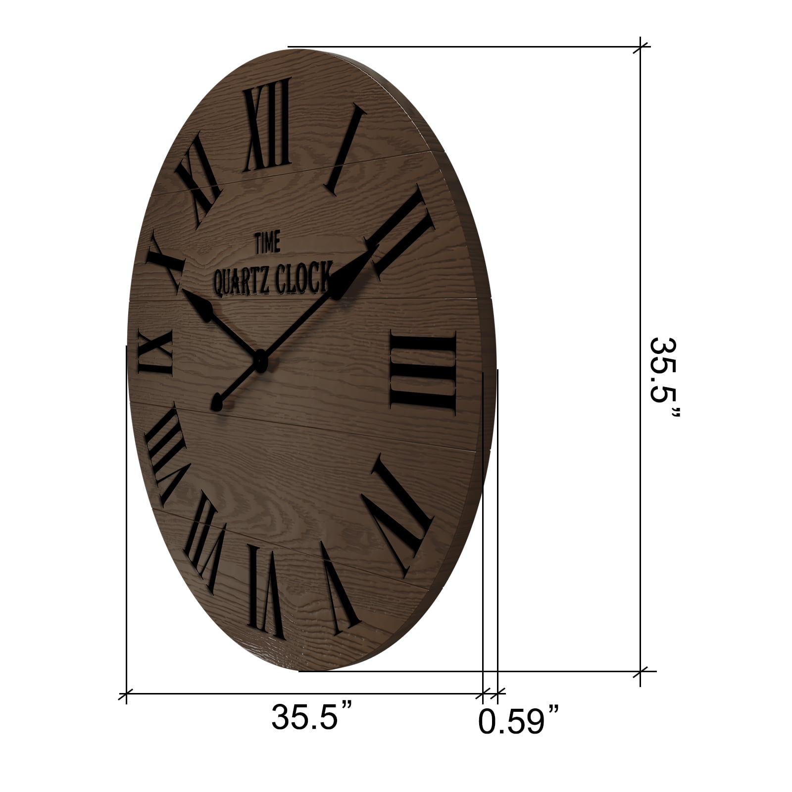 HLR 35.5” Farmhouse Large Shiplap Round Wall Clock with Roman Numeral for Living Room Decor, Brown