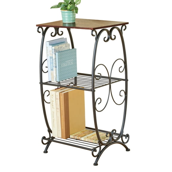 Collections Etc 3-Tier Metal Shelves with Cherry Finish Wood Top End Table