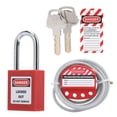 thumbnail image 1 of Cable Lockout Kits Devices, Lockout Tagout Station, Includes 1 Padlock, 2 Keys,1 Adjustable Rope Lock,1 Warning Sign,Adjustable 6mm/0.24in Diameter 38mm/1.5in Length 4 Holes Stainless Steel, 1 of 9