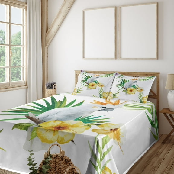 Ambesonne Animal Fitted & Top Sheet Set with Shams, Hibiscus with Wild Birds, White Yellow Green