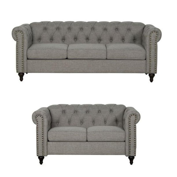 2 Piece Nailhead Trim Sofa And Loveseat Set In Gray Com 2 Piece Nailhead Trim Sofa And Loveseat, Tufted Sofa Set With Nailhead Trim