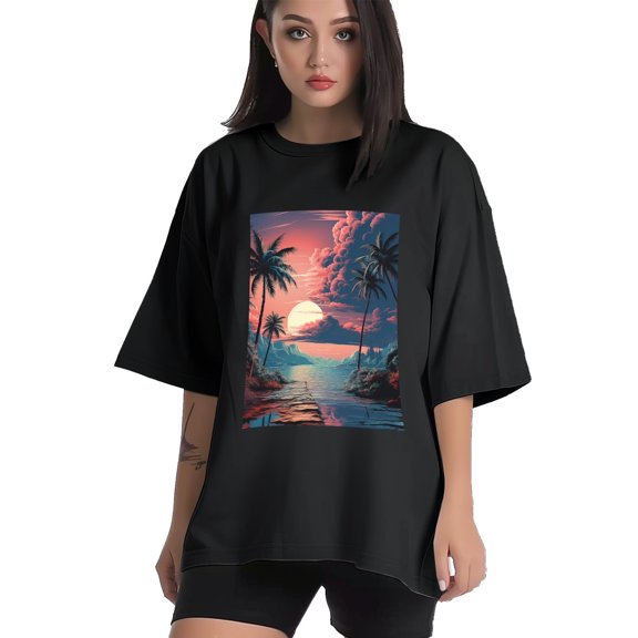 Plus Size Shirt for Women Black Tops for Women Short Sleeves Shirt for Women Vintage Landscape T Shirt Crewneck Shirt for Women XS