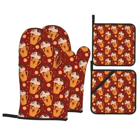 

Oven Mitts and Pot Holders 4 Piece Heart Christmas Hot Cocoa High Heat Slip Resistant Oven Mitt and Trivets Set Kitchen Oven Glove Pot Holders for Cooking Baking Grilling
