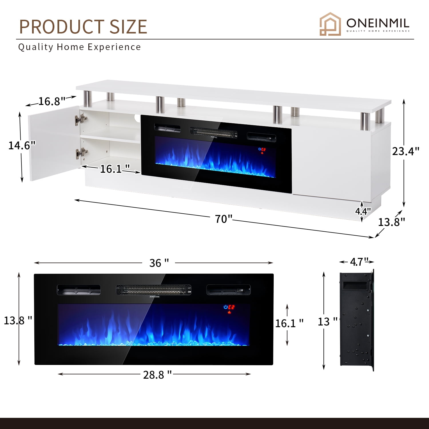 Easoger Fireplace TV Stand, Entertainment Center for TVs up to 80", 70” TV Stand with 36'' Electric Fireplace, LED Lights Entertainment Center, TV Console, White