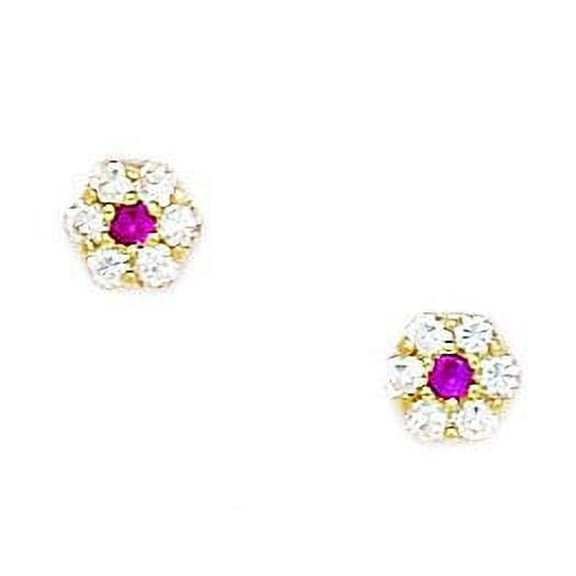 14k Yellow Gold July Red Cubic Zirconia Medium Flower Screwback Earrings - Measures 5x5mm