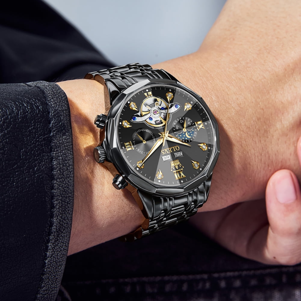 OLEVS Automatic Watches for Men Luxury Dress Waterproof Self Winding Mechanical Moon Phase Chronograph Stainless Steel Luminous Diamond Date Skeleton Tourbillon Wristwatch for Men Reloj Para Hombre
