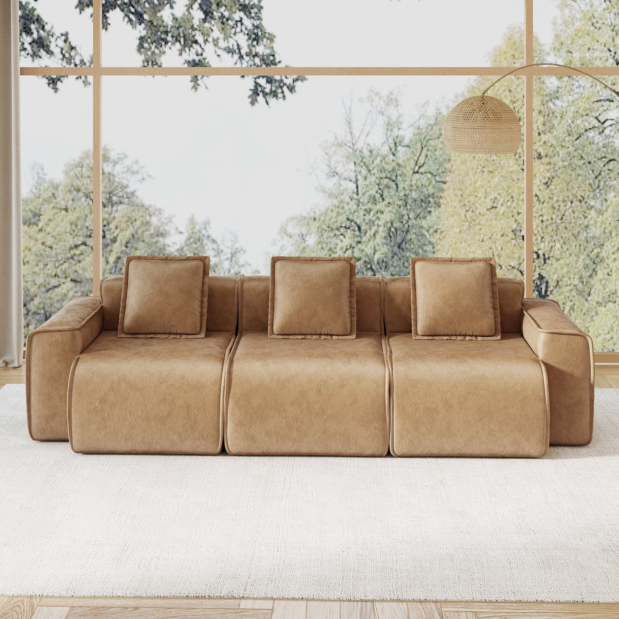109" 3-Seat Modular U-Shaped Sectional Sofa, Brown Velvet with Throw Pillows, No Assembly Required