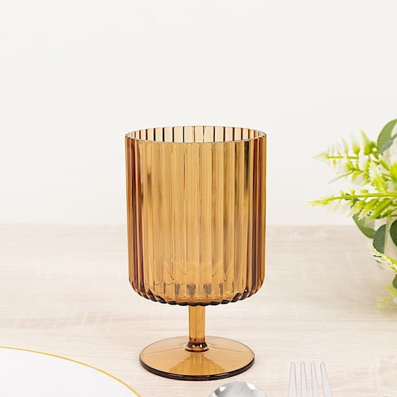 Balsa Circle 12 Amber Gold 12 oz Plastic Wine Glasses Vintage Ribbed Pattern Short Stemmed Cocktails Dining Tableware Decorations