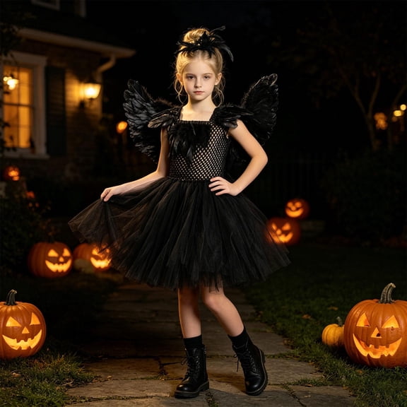 Halloween Dress for Girls Kids Black Tulle Witch Gown Angel Wings Set Carnival Performance Dress Up 8-9 Years