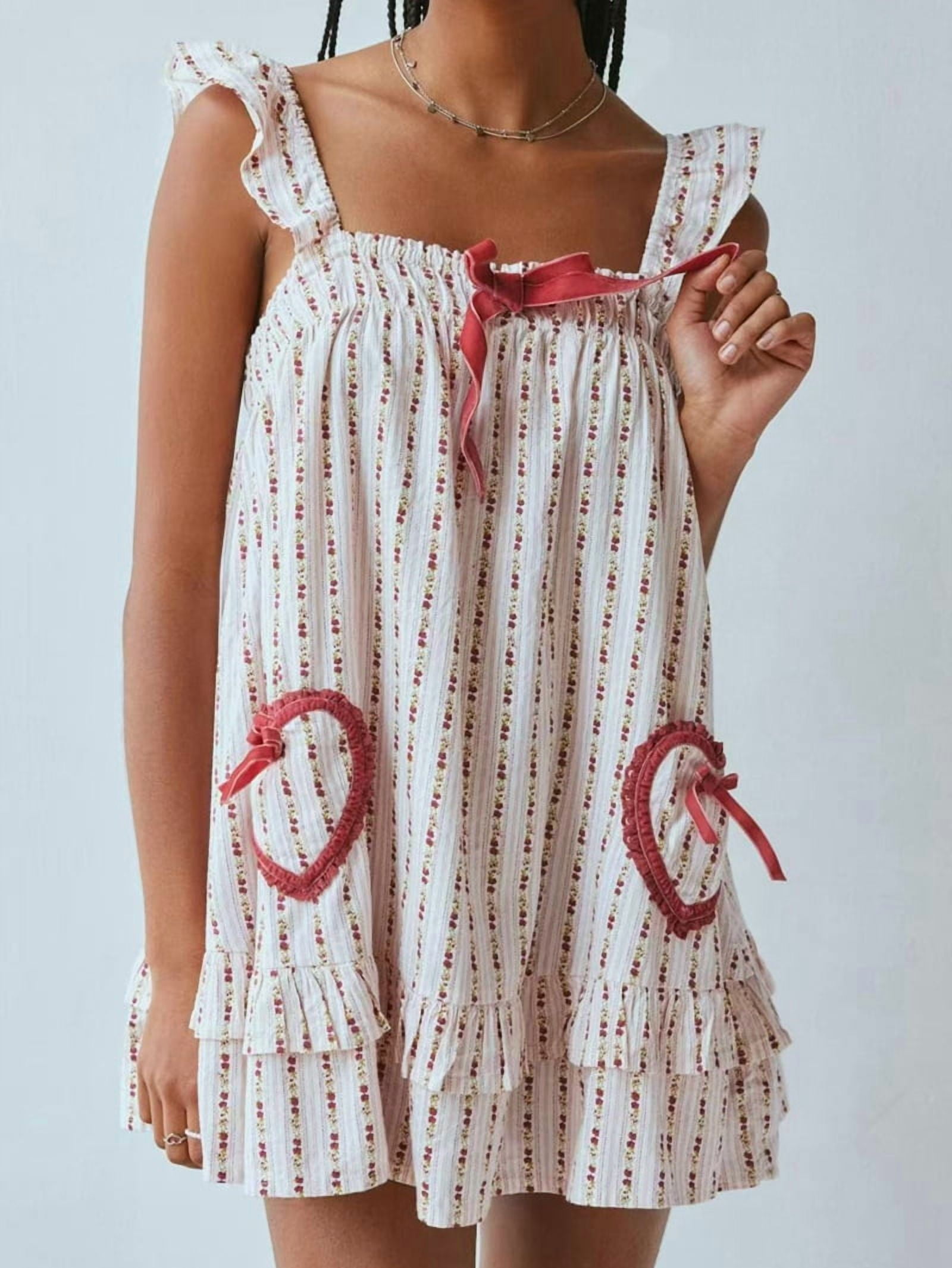 Women Cute Floral Printed Mini Dress Sleeveless Front Loose Ruffled Short Dress Summer Gingham Babydoll Red L
