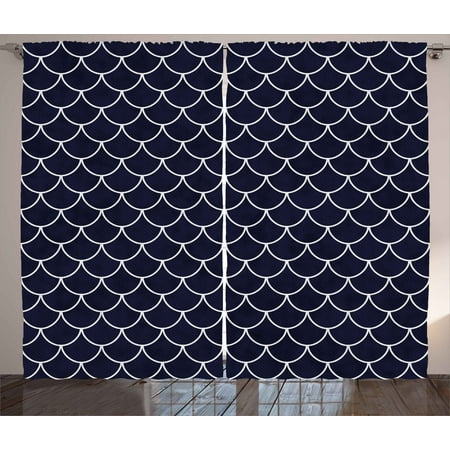Nautica Drapes Navy Curtains 2 Panels Set, Shell Pattern with Half Circled Lines Like Ocean Waves Nautical Modern Illustration, Window Drapes for Living Room Bedroom, 108W X 84L Inches, Indigo White, by Ambesonne ()