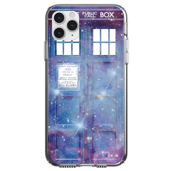 DistinctInk Clear Shockproof Hybrid Case for iPhone 13 PRO (6.1" Screen) - TPU Bumper, Acrylic Back, Tempered Glass Screen Protector - Fading TARDIS Outer Space Stars