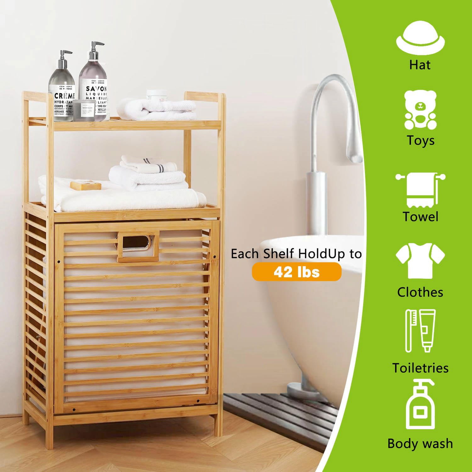 Barara King 2-Tier Laundry Hamper with Tilt Out Basket, Laundry Organizer with Storage Shelves, Bathroom Storage Unit for Laundry Room Nursery Bedroom Guest Room Closet, Natural