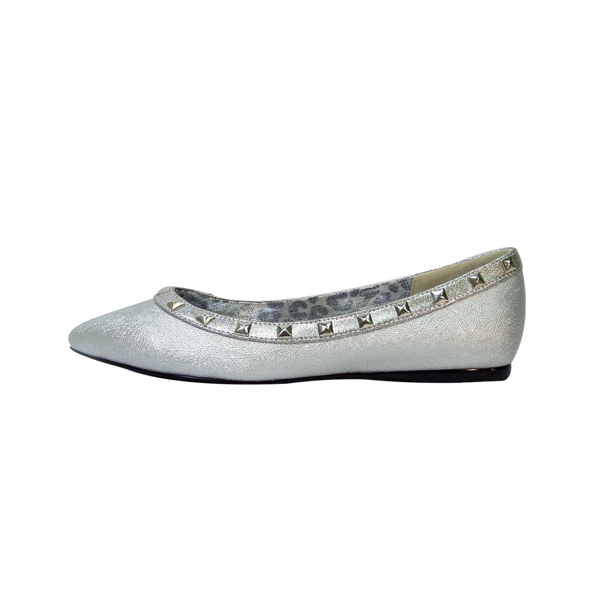 FUZZY Emily Women Wide Width Pointed Toe Square Studded Top Liner Slip-On Flats SILVER 9.5