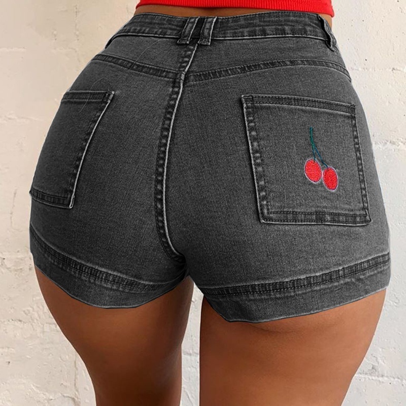 Women Cherry Embroidery Summer Short Jeans Slim Fit Denim Shorts