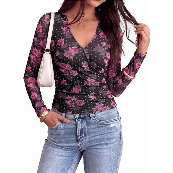 PRETTYGARDEN Womens Floral Mesh Wrap Top V Neck Long Sleeve Shirts | Soft Stretchy Lightweight, Lined, Slim Fit Ruched Waist, Dressy Casual Blouses for Work, Daily, Going Out, Fall Clothes