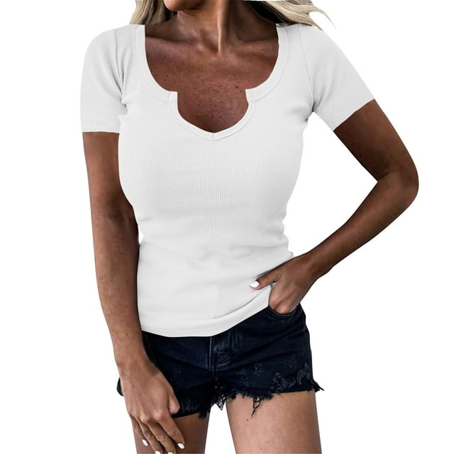Dealovy Going out Tops for Women Short Sleeve Shirts Deep V Neck Stretchy Slim Fitted Basic Tees