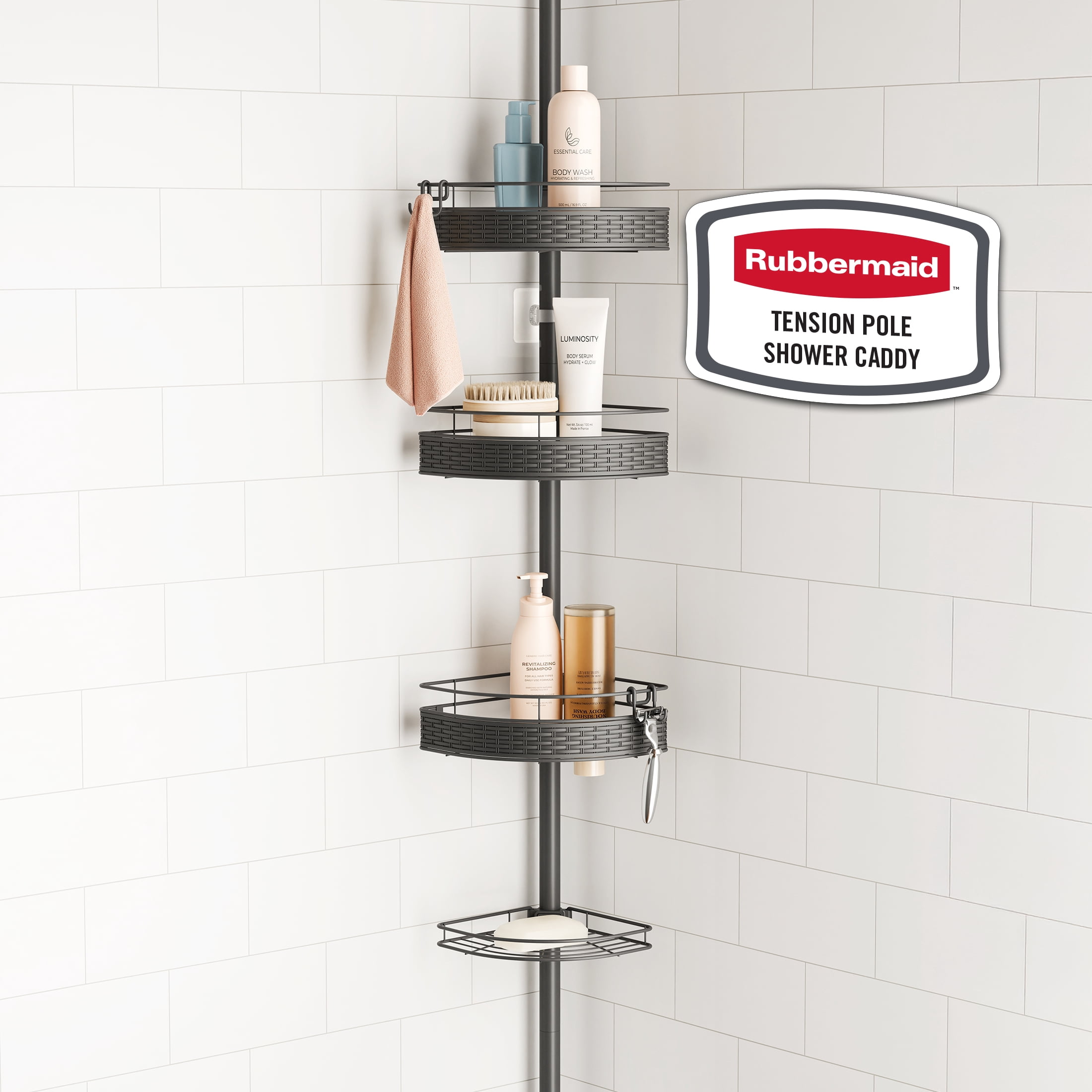 Rubbermaid 3-Tier Steel Tension Pole Mount Shower Caddy with Soap Tray, Black