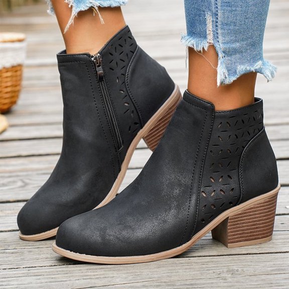 EKVAHL Ankle Booties for Women Cutout Casual Low Heeled Ankle Boots Comfortable Chunky Heel Dressy Booties Side Zipper Elegant Walking Short Boots