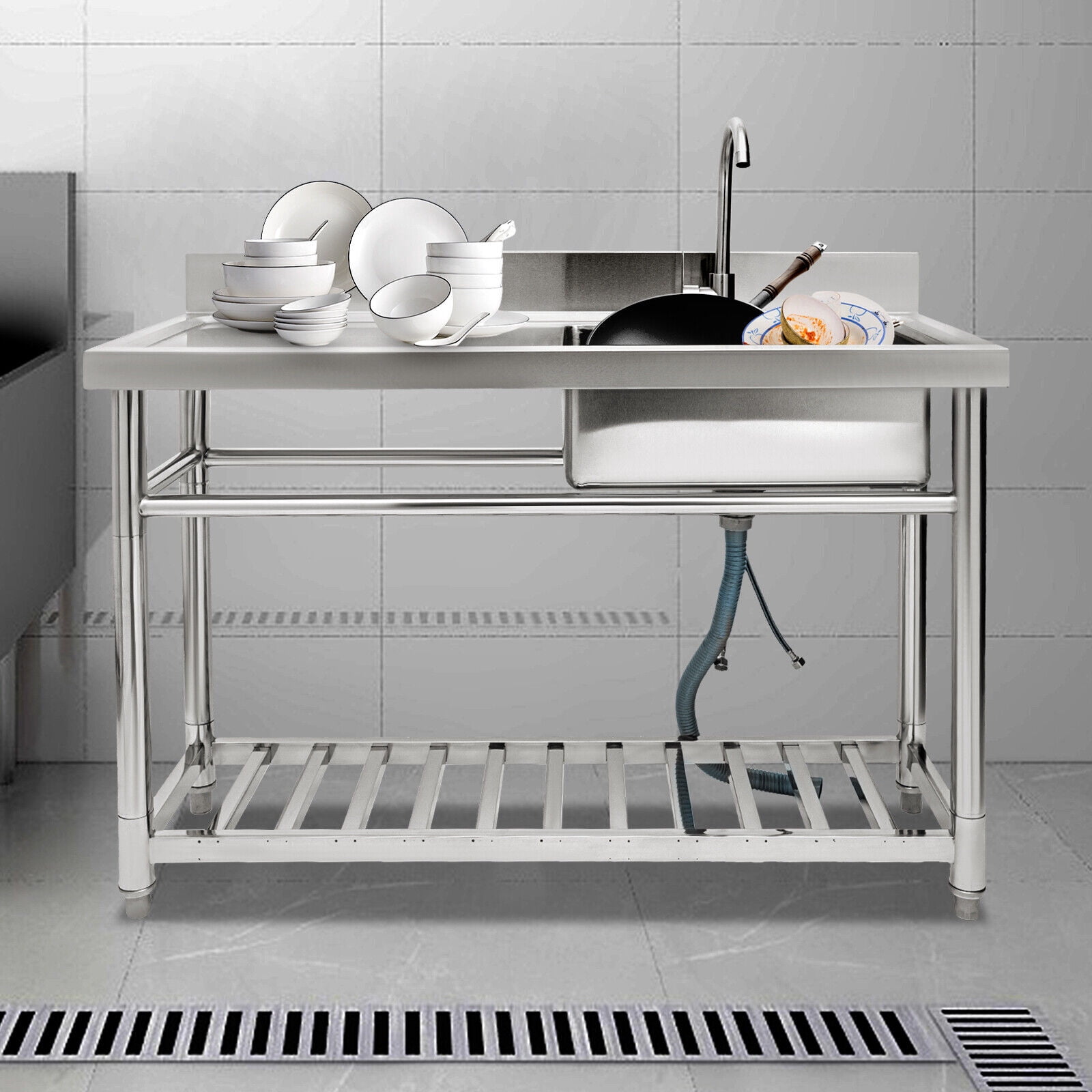 Commercial Kitchen Prep Utility Sink with Drainboard Compartment Stainless Steel