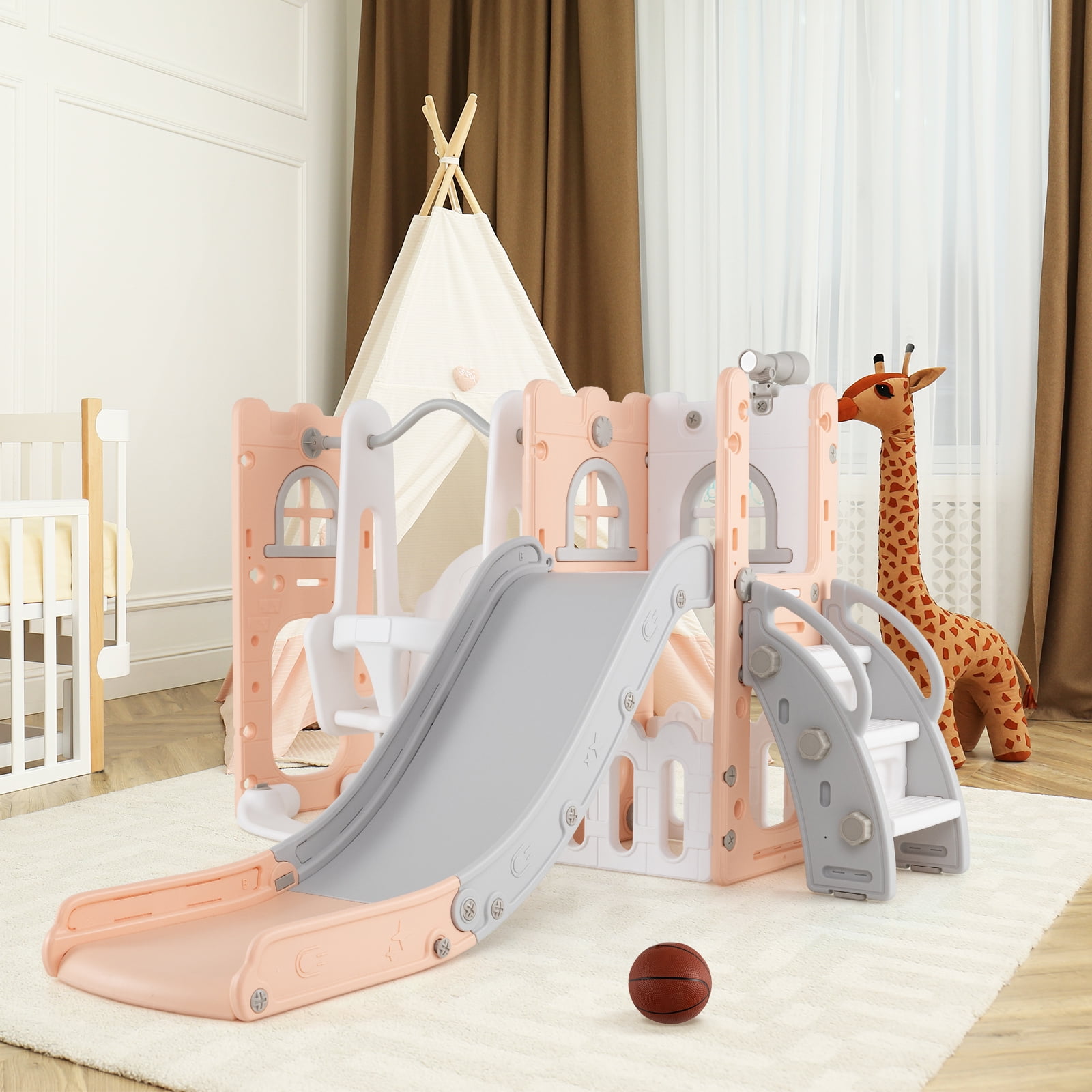 Patiojoy 7 in 1 L-shaped Toddle Swing and Slide Set Freestanding Toddler Slide Playset w/ Swing Pink