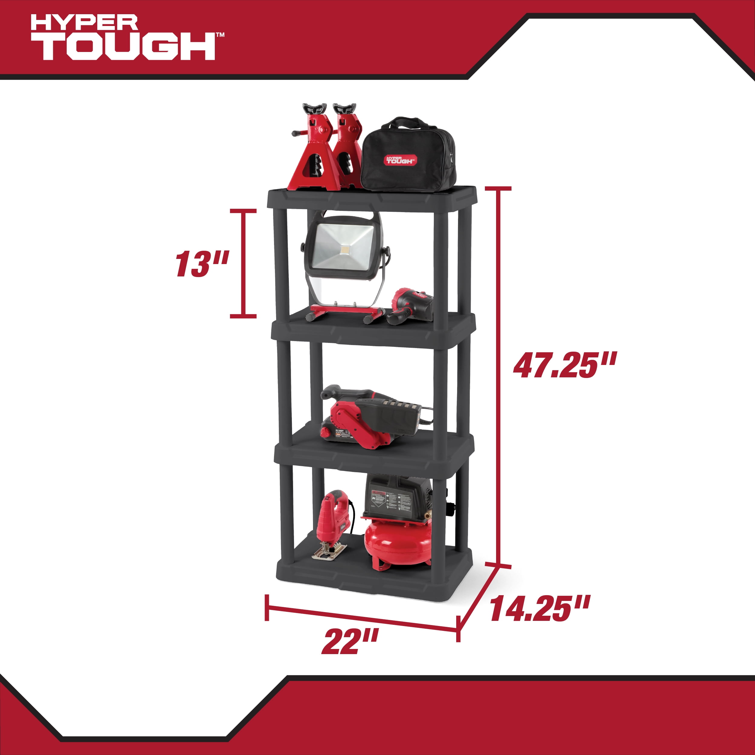 Hyper Tough 4-Shelf Plastic Storage Shelf, Black, 22" W x 14" D x 47" H