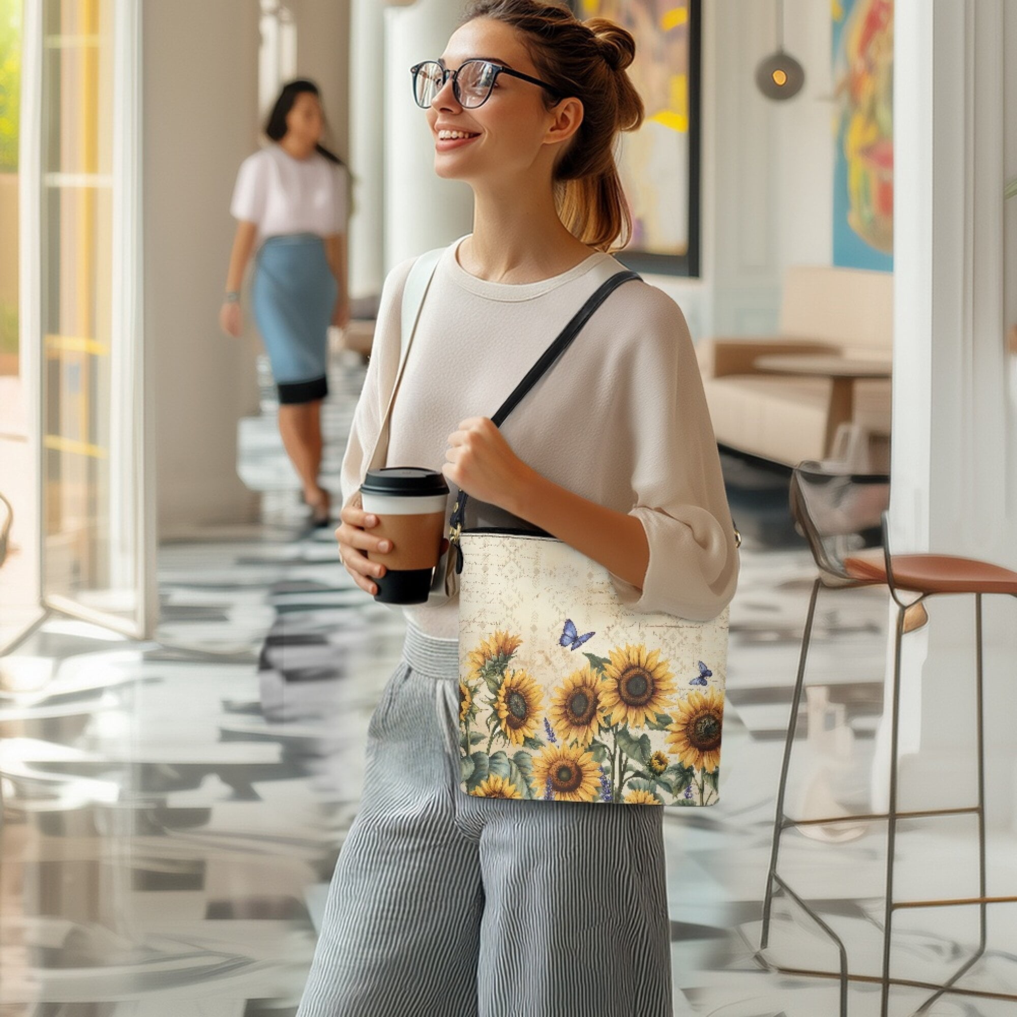 Kuiaobaty Sunflower Butterfly Print Bucket Crossbody Bag for Women, Large Capacity Vegan Leather Shoulder Purse with Adjustable Strap, Multi Pocket Hobo Satchel Purse Crossbody for Travel