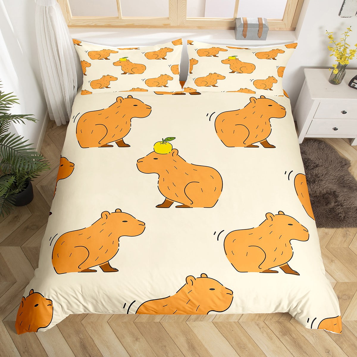 Cartoon Animals Bedding Set Twin Size Kids Cute Capybaras Duvet Cover
