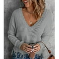 thumbnail image 3 of Women V Neck Long Sleeve Knit Sweater Fashionable Autumn Winter Off Shoulder Women Casual Loose Pullover Sweater Grey XL, 3 of 6