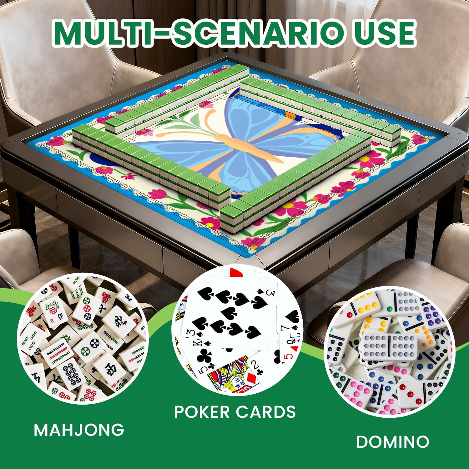 Mahjong Mat 31.5" x 31.5" Colorful Blue Orange Butterfly Pink Flowers Decorative Frame Non-Slip Noise Reduction American Mahjong Tiles Table Cover for Dominoes Poker Card Board Games Gift