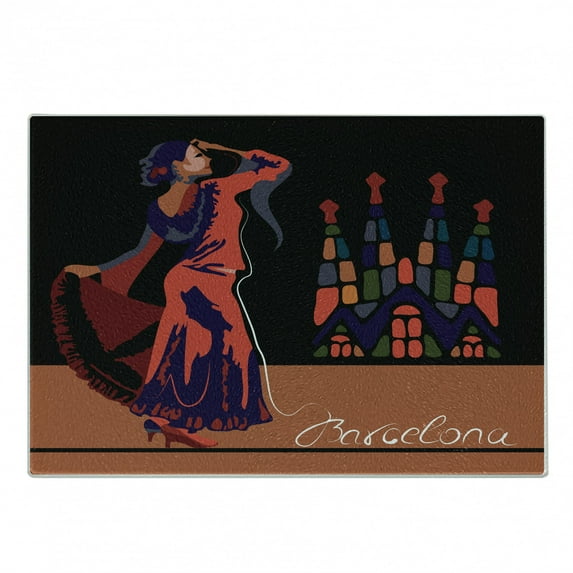 Spanish Cutting Board, Traditional Dancer Woman in Barcelona City with Historical Architecture Vibrant, Decorative Tempered Glass Cutting and Serving Board, in 3 Sizes, by Ambesonne