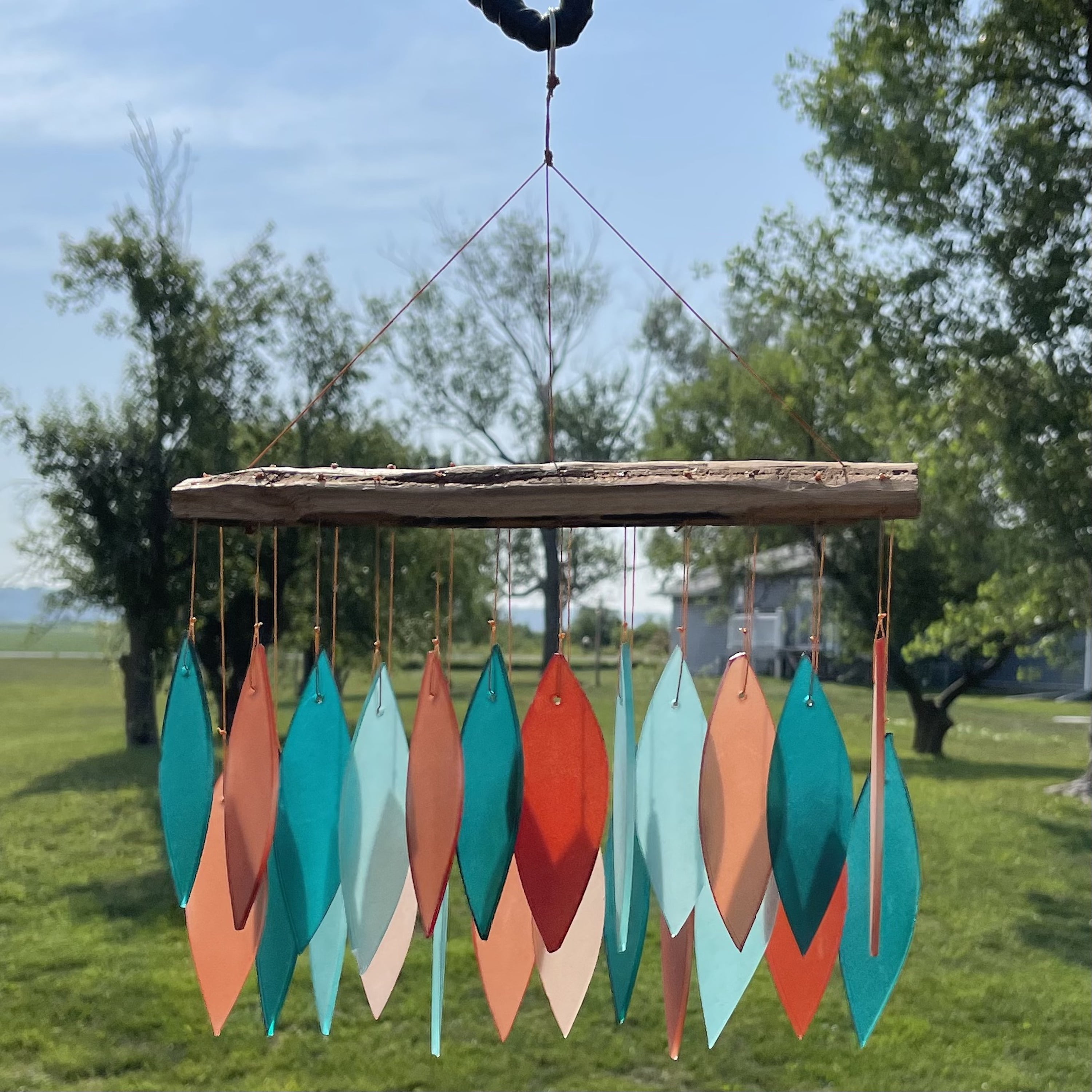Blue Handworks Wind Chimes Coral and Teal Glass Wind Chime Garden Decor