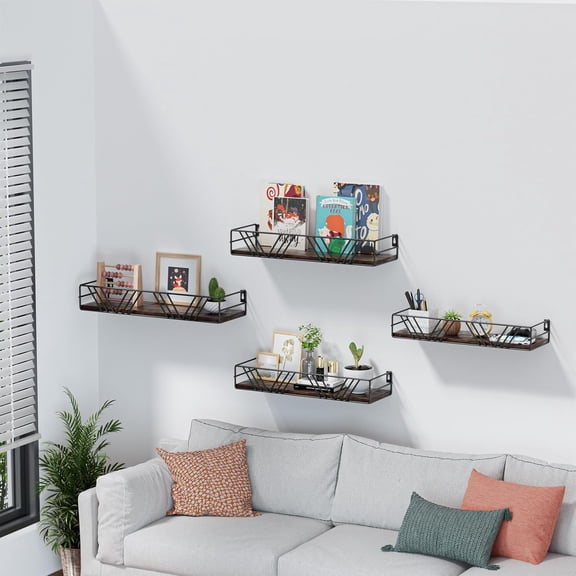 Floating Shelves for Wall Set of 4, Different Sizes Mounted Wood Floating Shelf, Wall Shelves for Living Room, Bedroom, Bathroom, Kitchen, Farmhouse Decor, Office