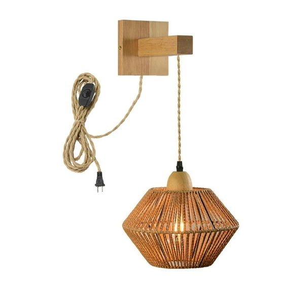 KAYYELAMP Hand-Woven Rattan, Metal, Wood Wall Sconce 9.8Feet Plug in Hemp Dimmer Cord Adjustable Vintage Design for Loft Living Room Bedroom Farmhouse