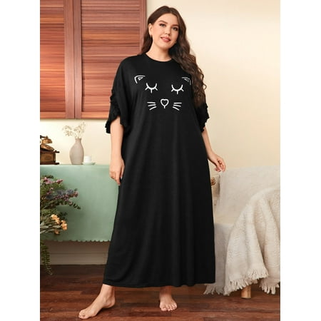 

Women s Plus Cartoon Graphic Ruffle Trim Petal Sleeve Sleep Dress 2XL(16) Black Casual F22001D