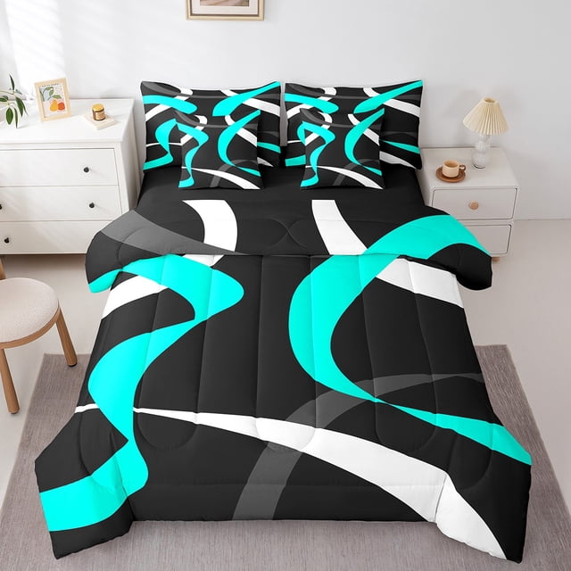 Erosebridal Geometric Stripe Bedding Queen Size,Abstract Artwork Comforter Sets with Sheets,Geometry Lines Decor,Reversible,Lightweight,7 Pieces