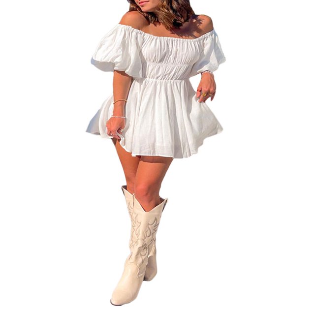 Douhoow Women Off Shoulder White Dress Flowy Square Neck A-Line Dress Ruffled Mini Dress