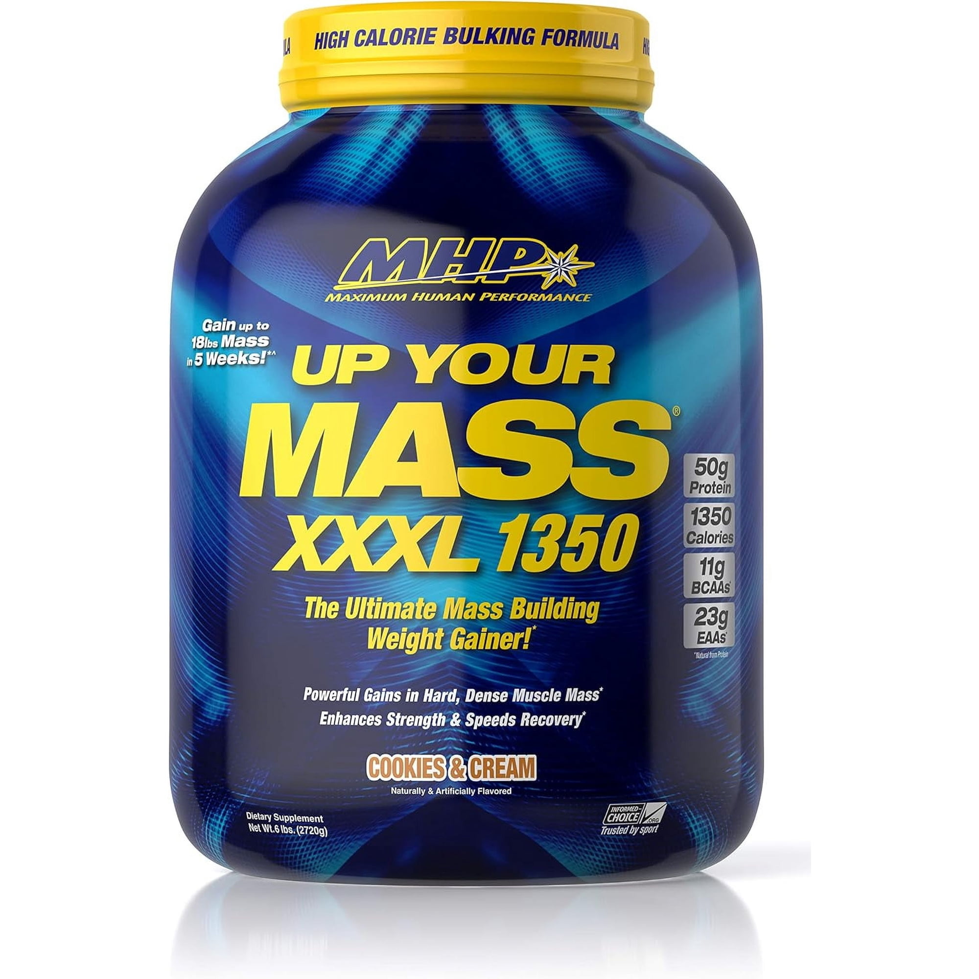 MHP Up Your Mass XXXL 1350 Mass Gainer – 50g Protein, 1350 Calories, 11g BCAAs – Cookies & Cream, 6 lb, 8 Servings