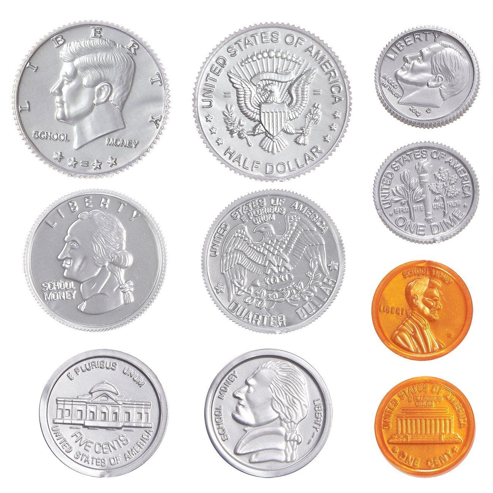 pack of 250 play coin set includes 10 half dollars 40 quarters 50 dimes 50 nickels 100 pennies fake plastic coins pretend money great teaching tool prop kids toy 0 98 inches in diameter walmart com