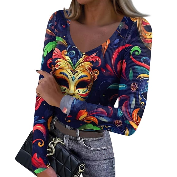 Mardi Gras Shirts Womens Glitter Carnival Long Sleeve T Shirts Feathers Print V Neck Novelty Tops Purple 2XL