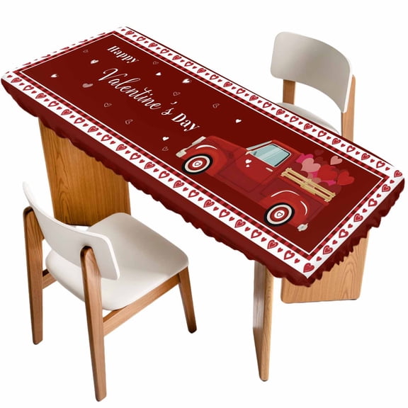 Red Valentine's Day Table Cloths for 8 Foot Rectangle Tables, Love Heart Truck Romantic Abstract Art Patio Waterproof Elastic Fitted Tablecloths, Washable Rectangular Table Cover for Camping