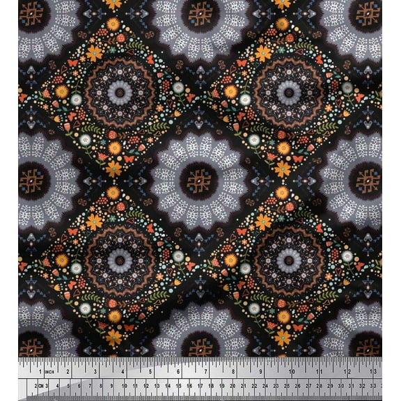 Soimoi Cotton Duck Fabric Floral Mandala Printed Fabric 1 Yard 42 Inch Wide