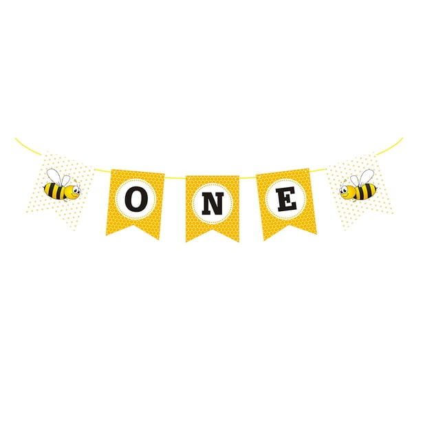 KAKOWELY Banderín de papel con diseño de abeja, banderín de cola de pez con impresión ONE, guirnalda colgante para baby shower, decoración para fiesta de primer cumpleaños