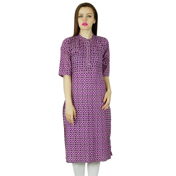 Bimba Women Printed Purple Kurta Kurti 3/4 Sleeve Long Tunic Indianclothing