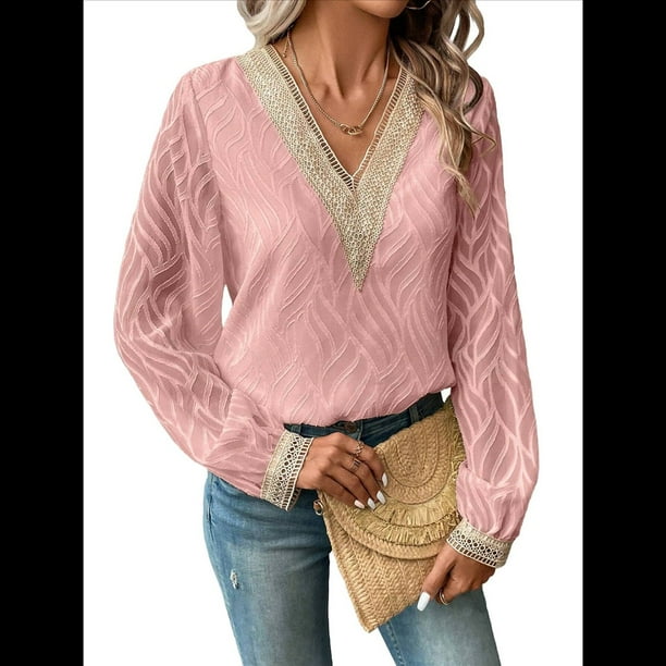 Blusas Elegantes e Informales con Cuello en V para Mujer, Blusas de Encaje de Larga, Blusas Tipo Túnica de Jacquard A para Otoño. Rosa L