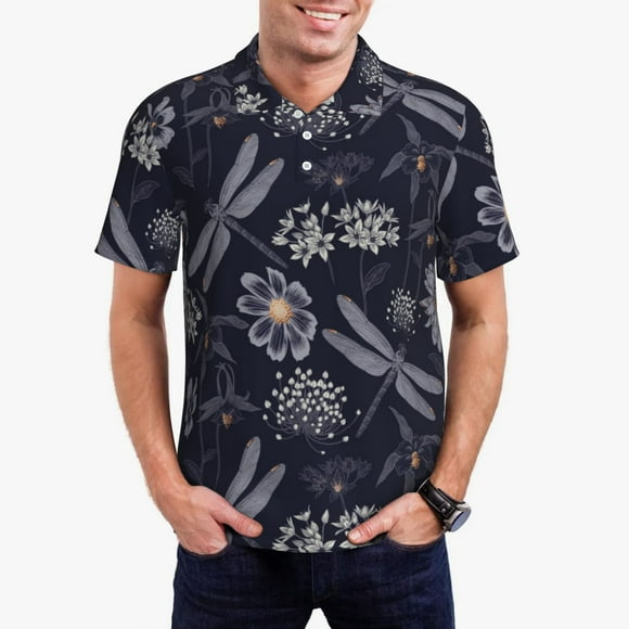 Saiise Chemise de Golf pour Hommes à Imprimé Fleurs Sauvages et Libellules, Évacuation de l'Humidité, Séchage Rapide, Polo de Performance pour Hommes-TTTG