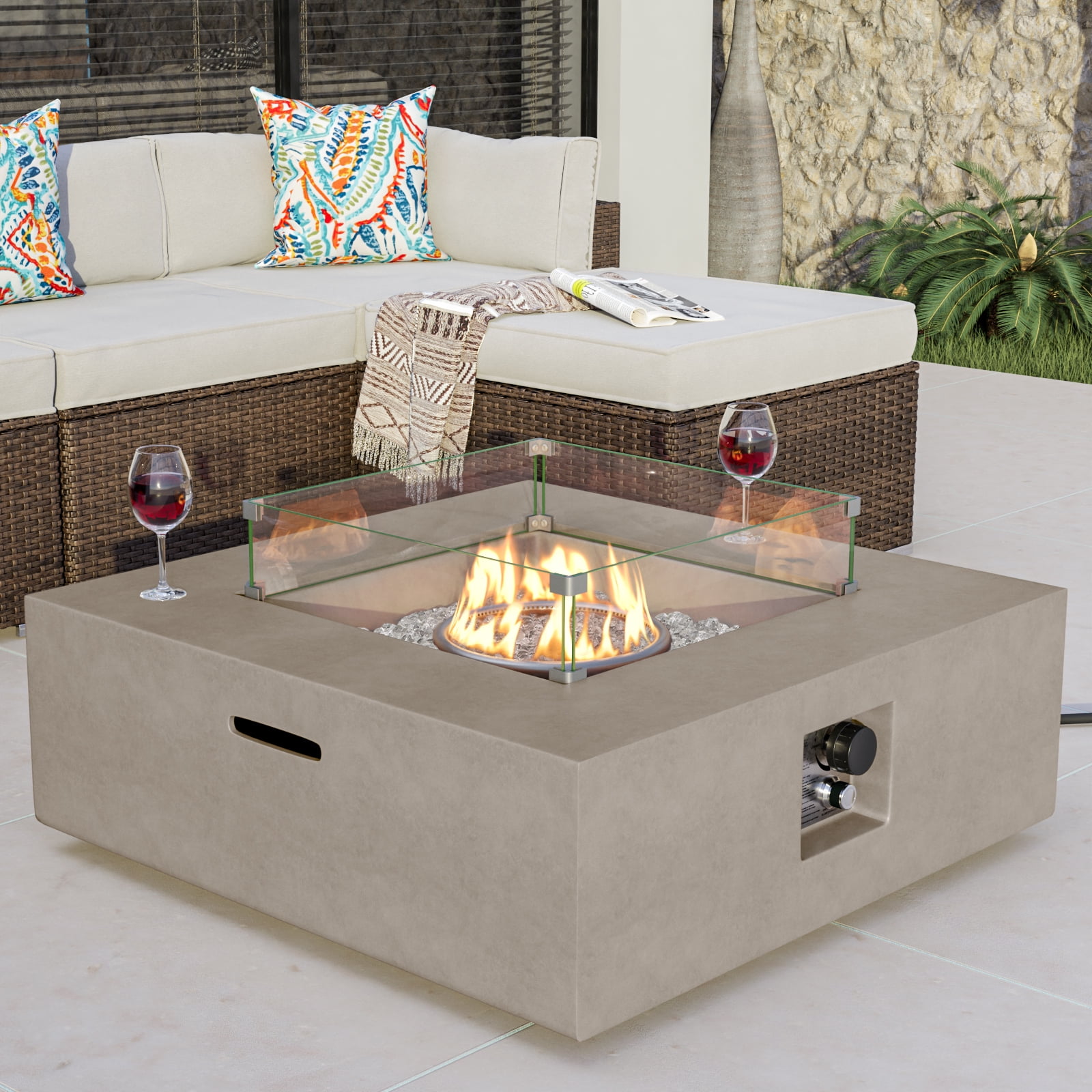 VENTOPYR Outdoor Propane Square Fire Pit Table, Gray Faux Stone 35-inch Planter Base, 50,000 BTU Stainless Steel Burner, Transparent Gray Fire Glass and Rain Cover, Metal Lid