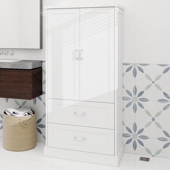 Tall Bathroom Storage Cabinet, Cabinet with Two Doors and Drawers, Adjustable Shelf, MDF Board, White