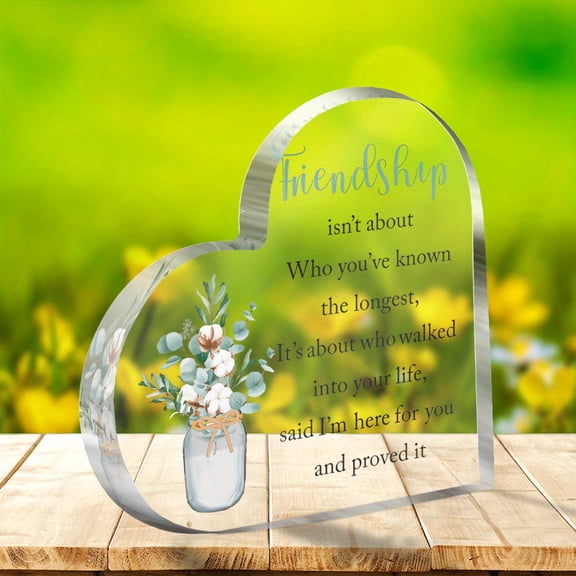 Heart Shaped Acrylic Friendship Plaque 3.9X3.9 Inch Inspirational Quote Design Modern Tabletop Decor Best Friend Gift Long Distance Keepsake Birthday Present for Sister Pen Pal Home Office Decor